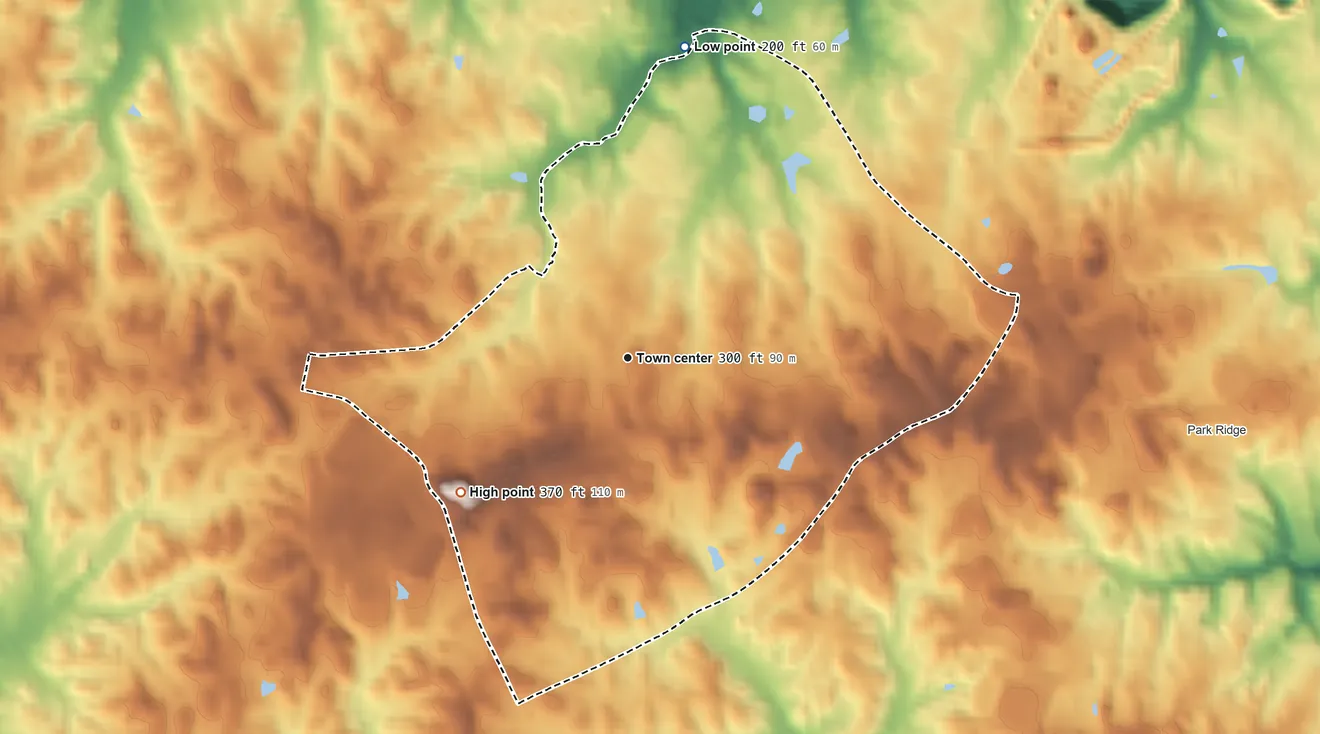 Topographic elevation map of Vista Woods, Virginia, shaded from 200 ft on the north side to 370 ft on the southwest side