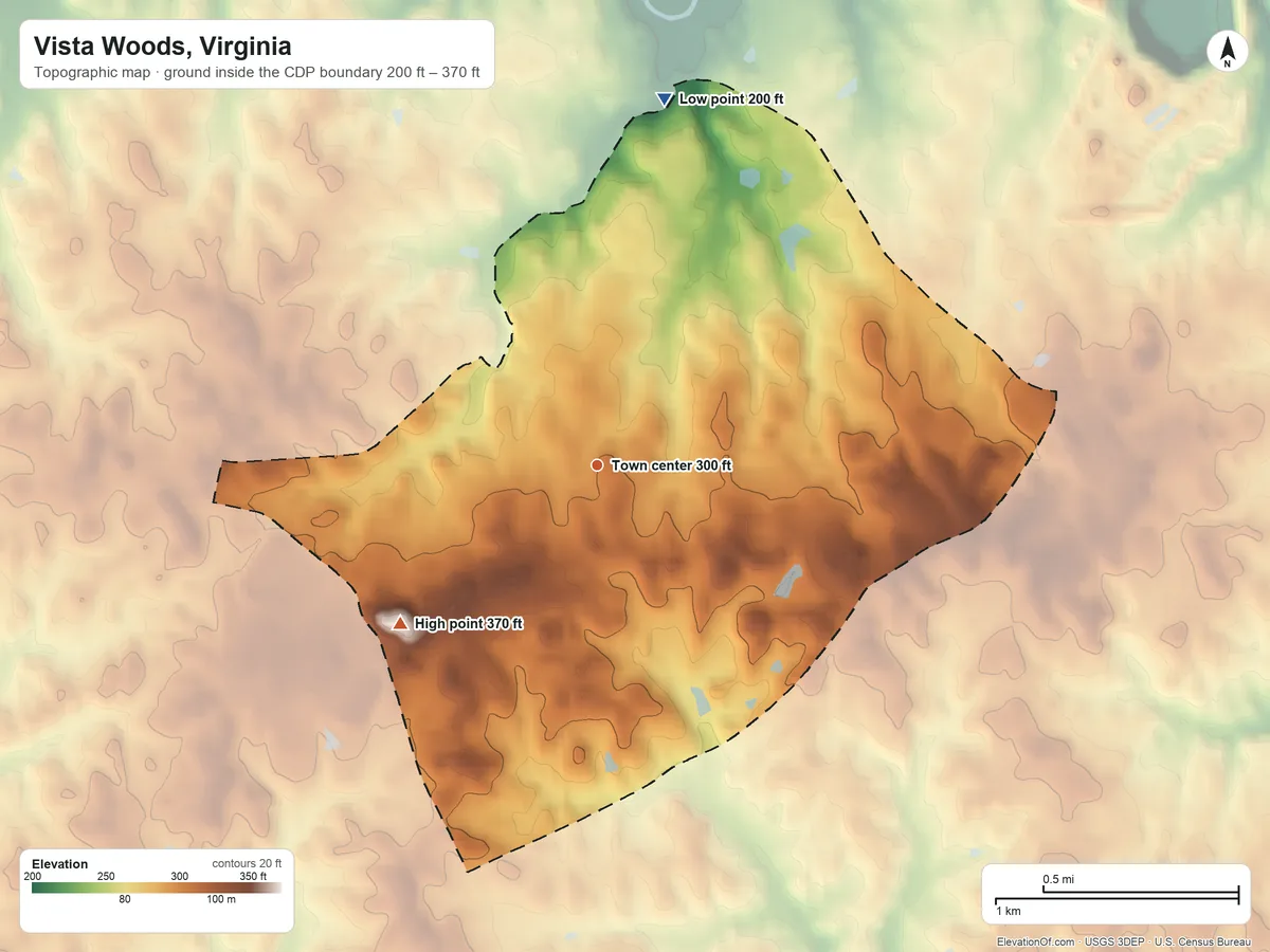 Topographic elevation map of Vista Woods, Virginia, shaded from 200 ft on the north side to 370 ft on the southwest side