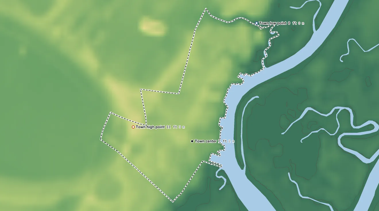 Topographic elevation map of Wachapreague, Virginia, shaded from sea level level on Hummock Cove to 11 ft on the west side