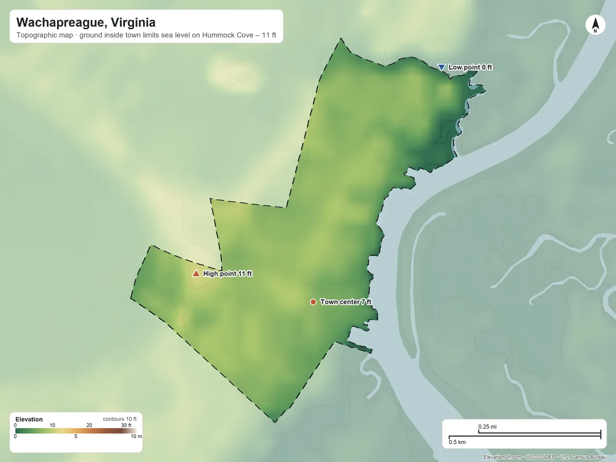 Topographic elevation map of Wachapreague, Virginia, shaded from sea level level on Hummock Cove to 11 ft on the west side