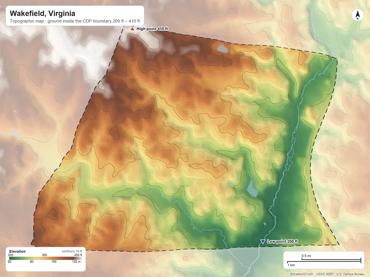 Topographic elevation map of Wakefield, Virginia, shaded from 200 ft on the southeast side to 410 ft on the north side
