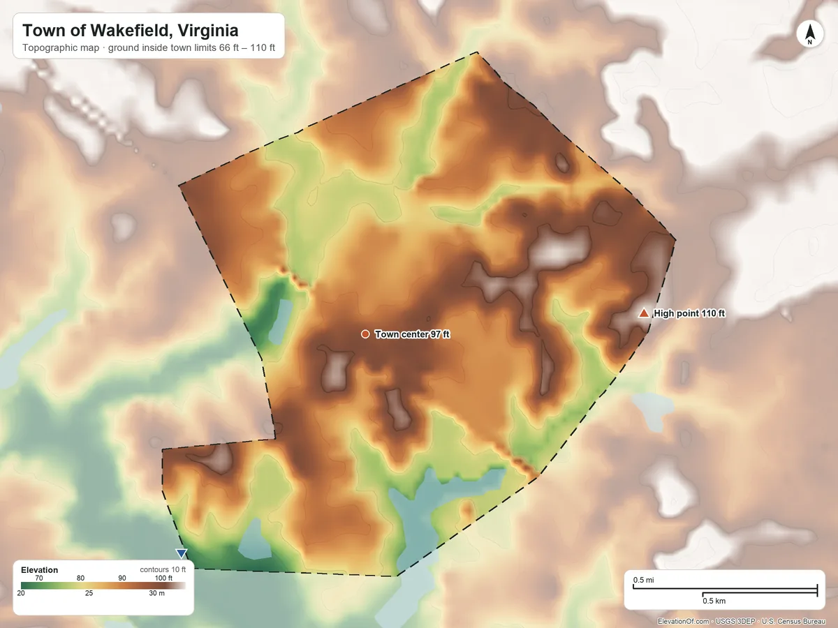 Topographic elevation map of Town of Wakefield, Virginia, shaded from 66 ft on the southwest side to 110 ft on the east side