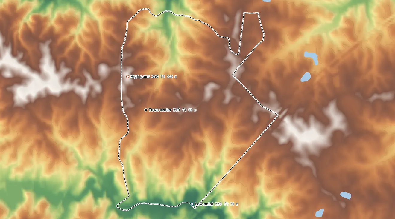 Topographic elevation map of Warfield, Virginia, shaded from 230 ft on the southeast side to 350 ft on the northwest side