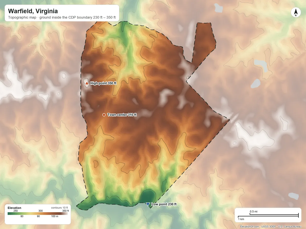 Topographic elevation map of Warfield, Virginia, shaded from 230 ft on the southeast side to 350 ft on the northwest side