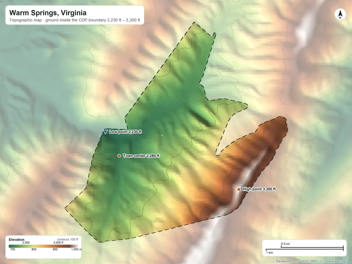 Topographic elevation map of Warm Springs, Virginia, shaded from 2,230 ft near the middle to 3,300 ft on the east side