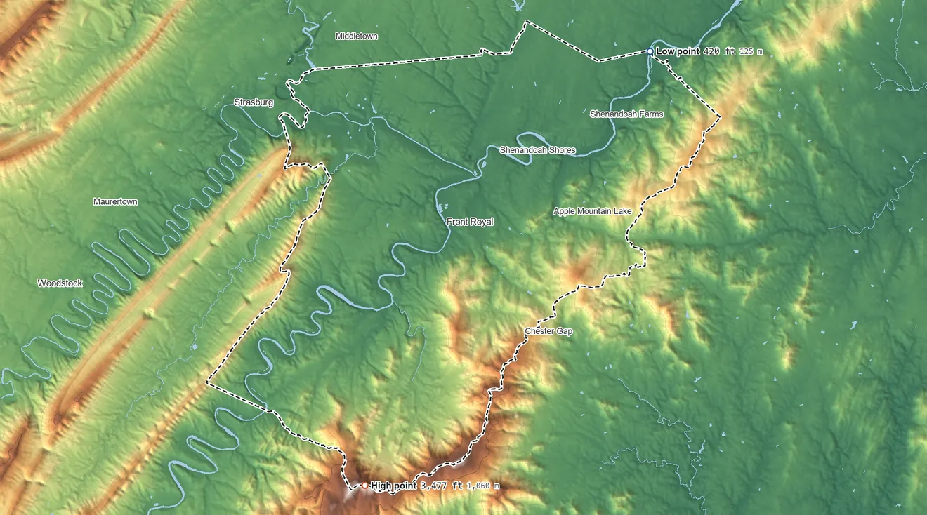 Topographic elevation map of Warren County, Virginia, shaded from 420 ft on the northeast side to 3,477 ft on Hogback Mountain
