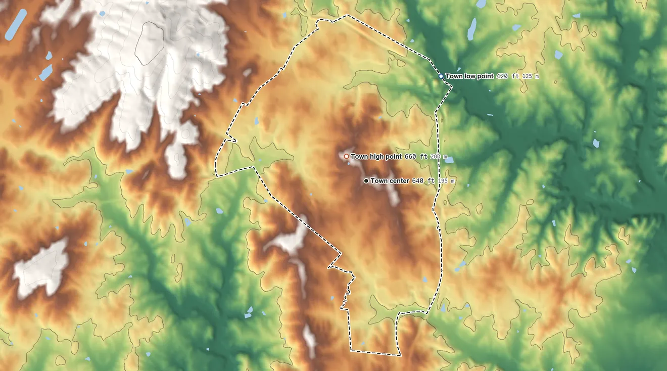 Topographic elevation map of Warrenton, Virginia, shaded from 420 ft on the northeast side to 660 ft near the middle