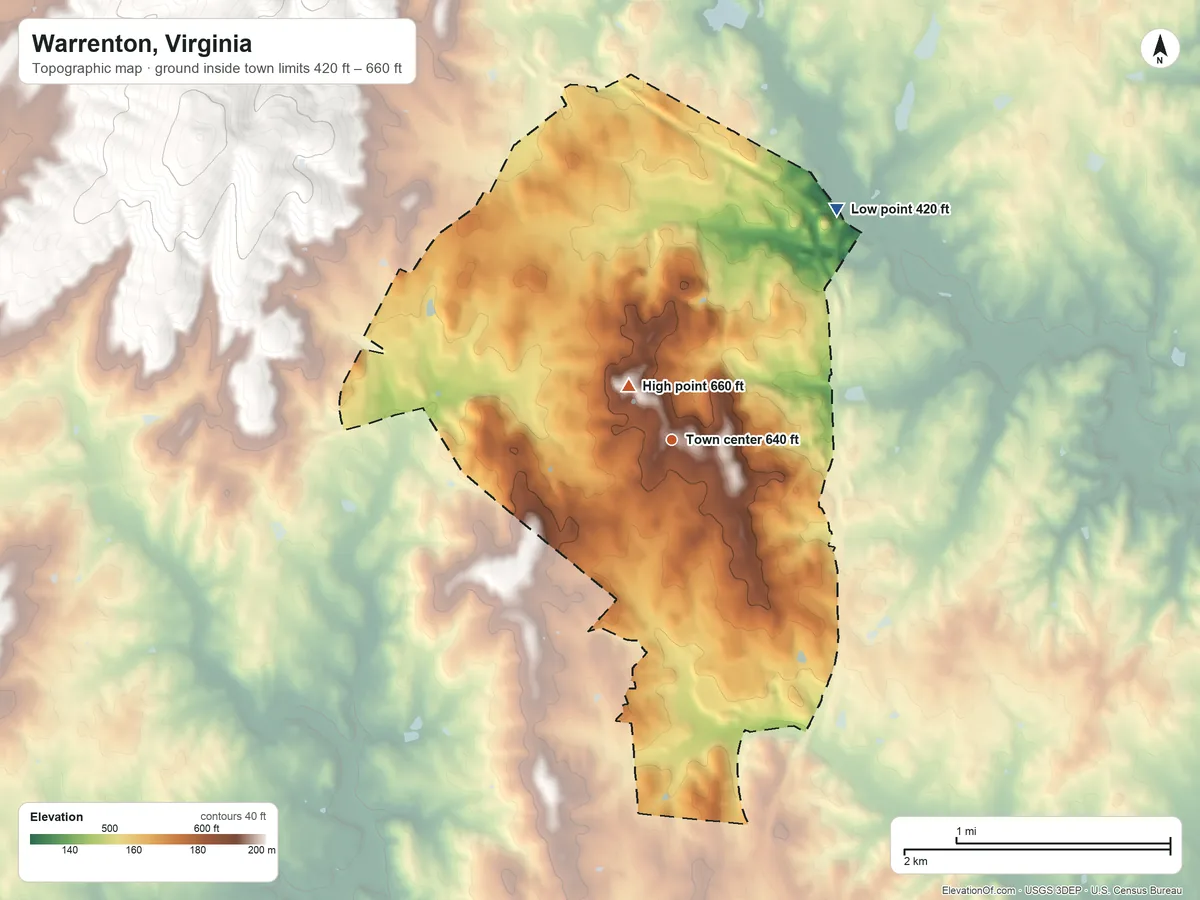 Topographic elevation map of Warrenton, Virginia, shaded from 420 ft on the northeast side to 660 ft near the middle