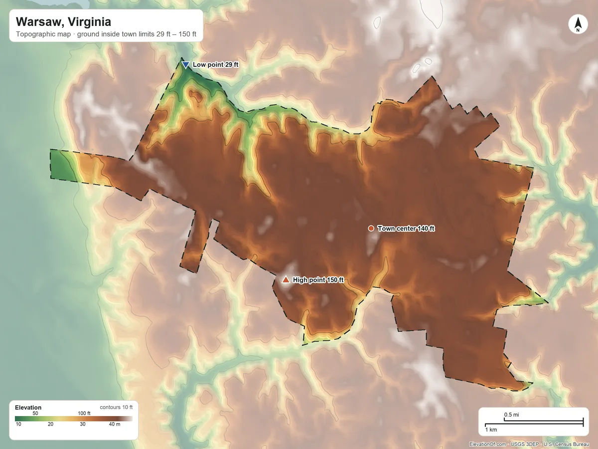 Topographic elevation map of Warsaw, Virginia, shaded from 29 ft on the northwest side to 150 ft on the southwest side