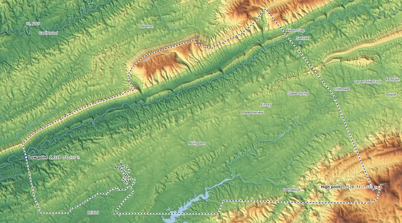 Topographic elevation map of Washington County, Virginia, shaded from 1,310 ft on the west side to 5,520 ft on Balsam Mountain