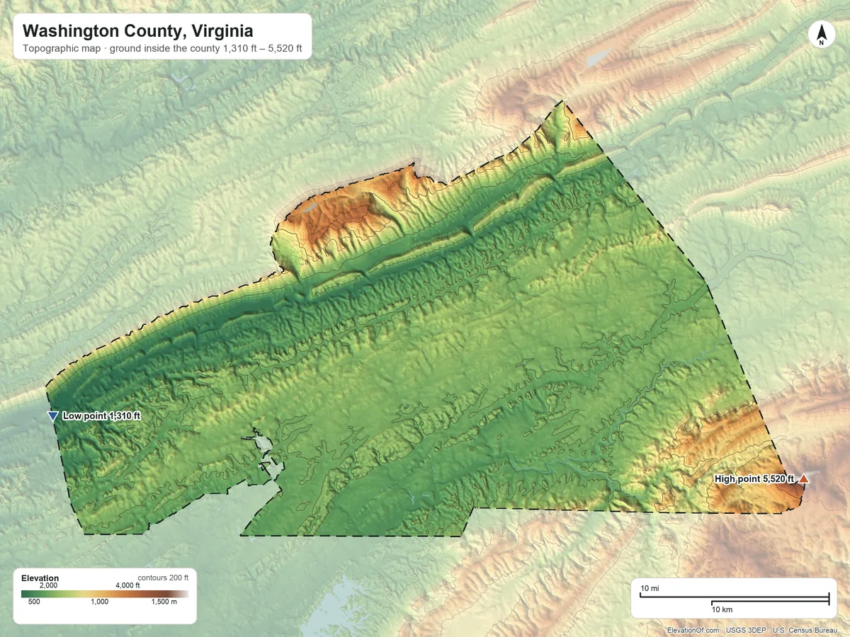 Topographic elevation map of Washington County, Virginia, shaded from 1,310 ft on the west side to 5,520 ft on Balsam Mountain