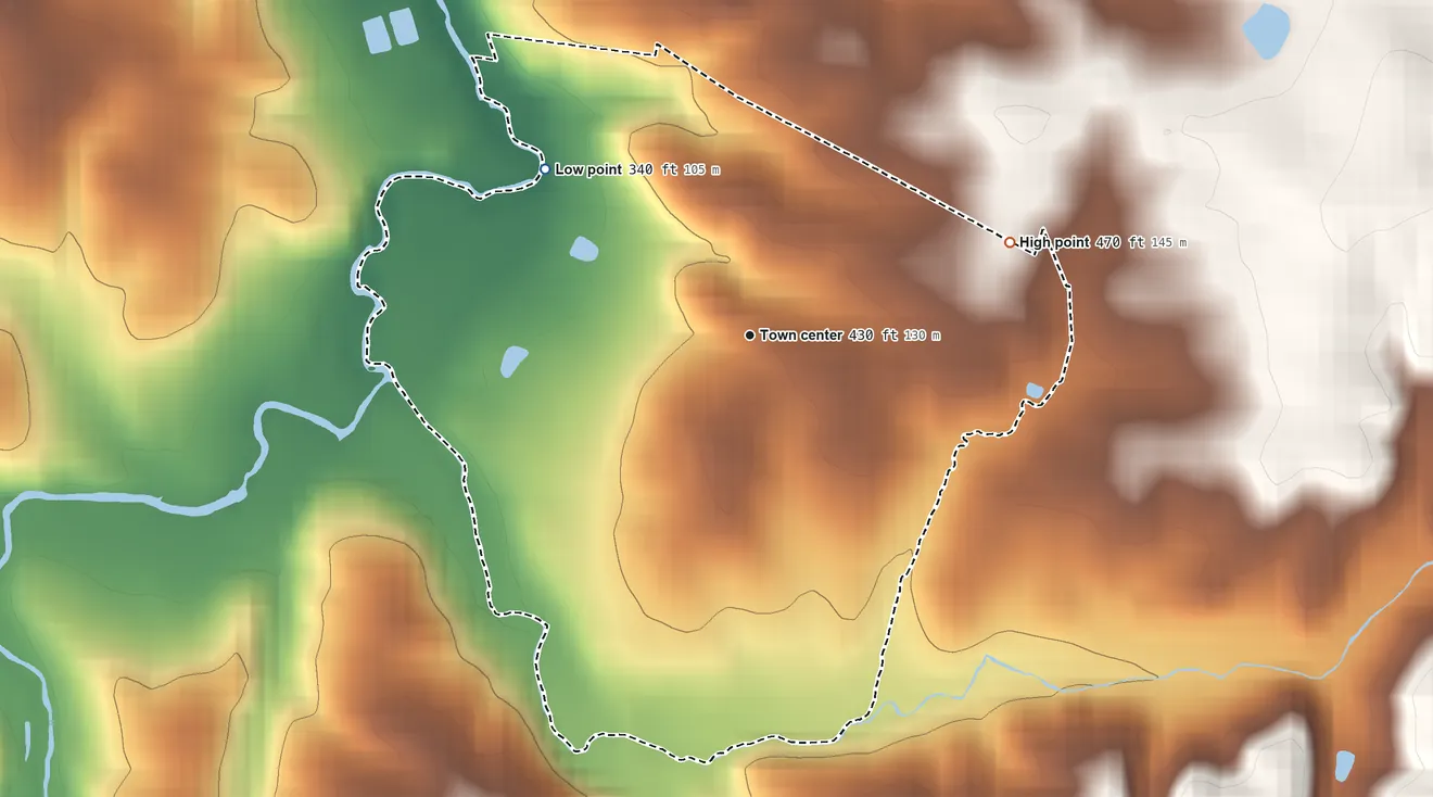 Topographic elevation map of Waterford, Virginia, shaded from 340 ft on the northwest side to 470 ft on the east edge, below higher ground just outside