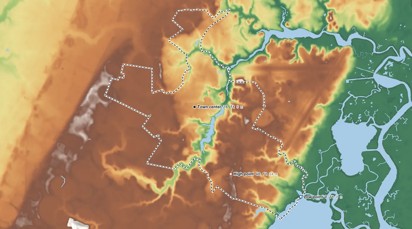 Topographic elevation map of Wattsville, Virginia, shaded from sea level level on Watts Bay to 48 ft on the southeast side
