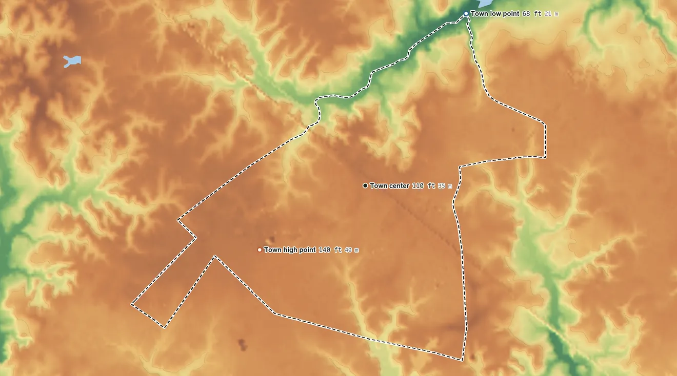Topographic elevation map of Waverly, Virginia, shaded from 68 ft on the northeast side to 140 ft on the southwest side