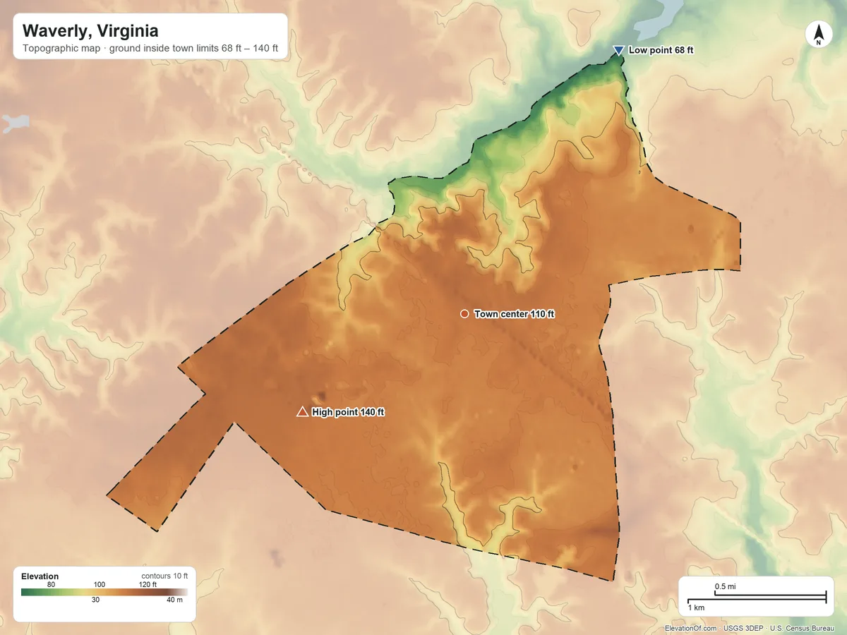 Topographic elevation map of Waverly, Virginia, shaded from 68 ft on the northeast side to 140 ft on the southwest side