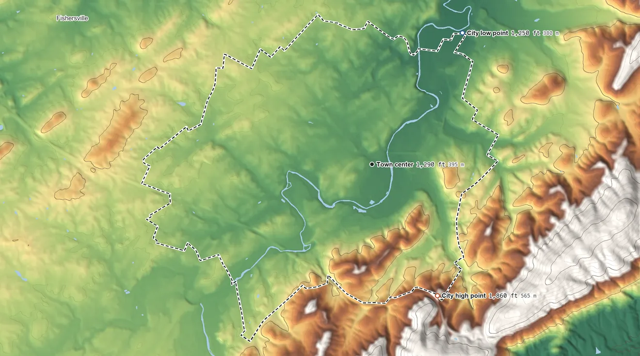 Topographic elevation map of Waynesboro, Virginia, shaded from 1,250 ft on the northeast side to 1,860 ft on the southeast edge, below higher ground just outside