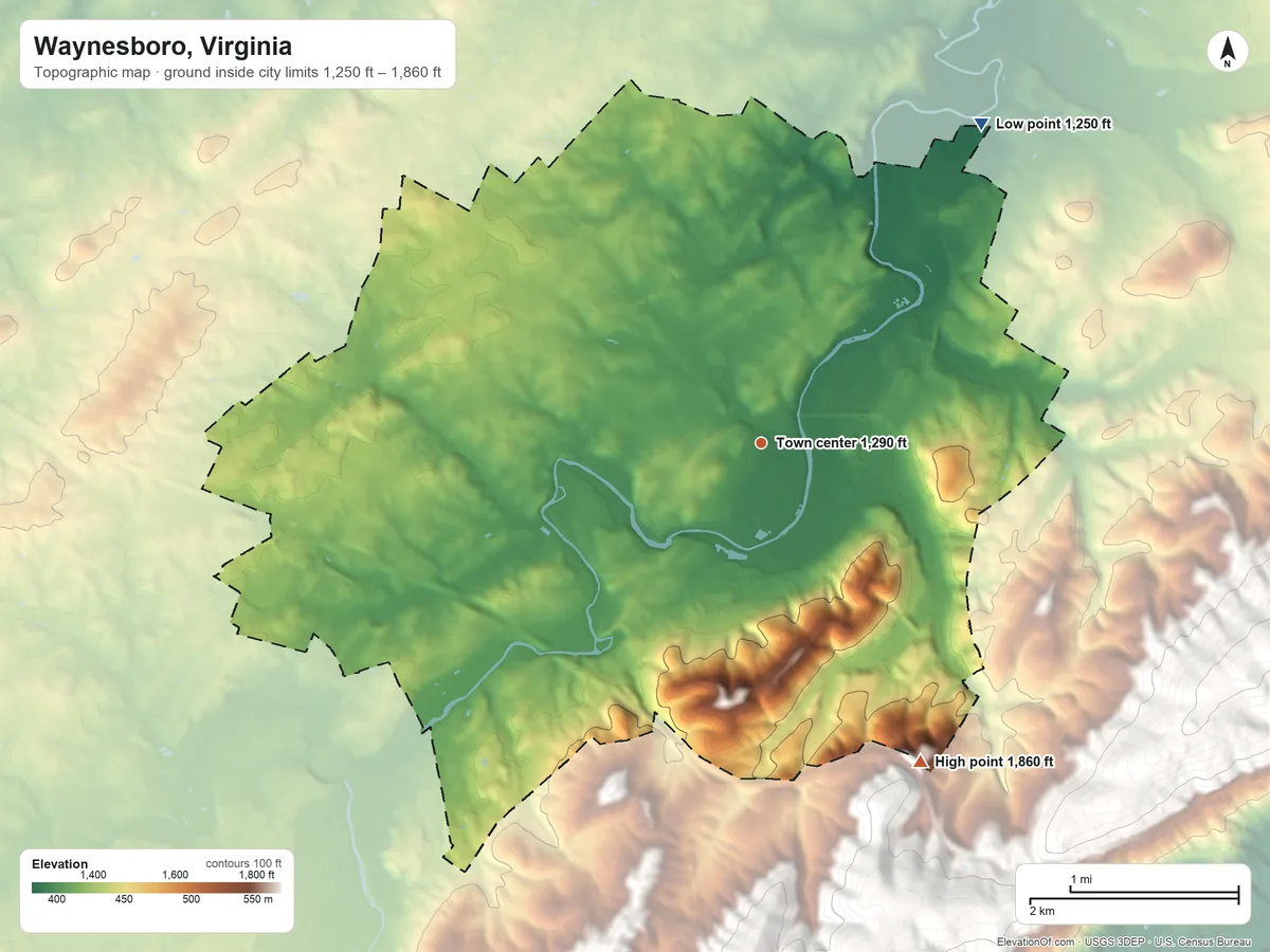 Topographic elevation map of Waynesboro, Virginia, shaded from 1,250 ft on the northeast side to 1,860 ft on the southeast edge, below higher ground just outside
