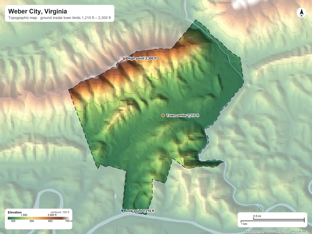 Topographic elevation map of Weber City, Virginia, shaded from 1,210 ft on the southwest side to 2,300 ft on the northwest side