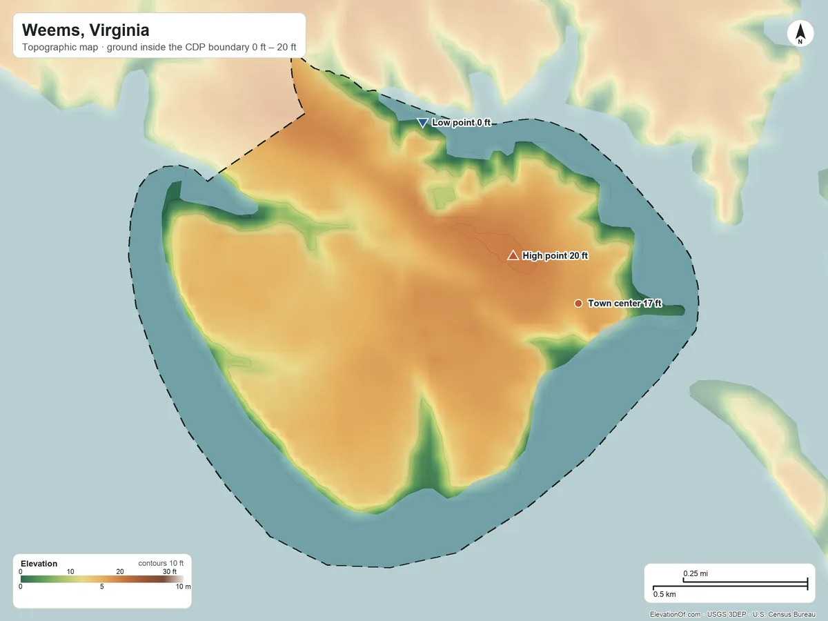 Topographic elevation map of Weems, Virginia, shaded from 0 ft on the northwest side to 20 ft on the northwest side