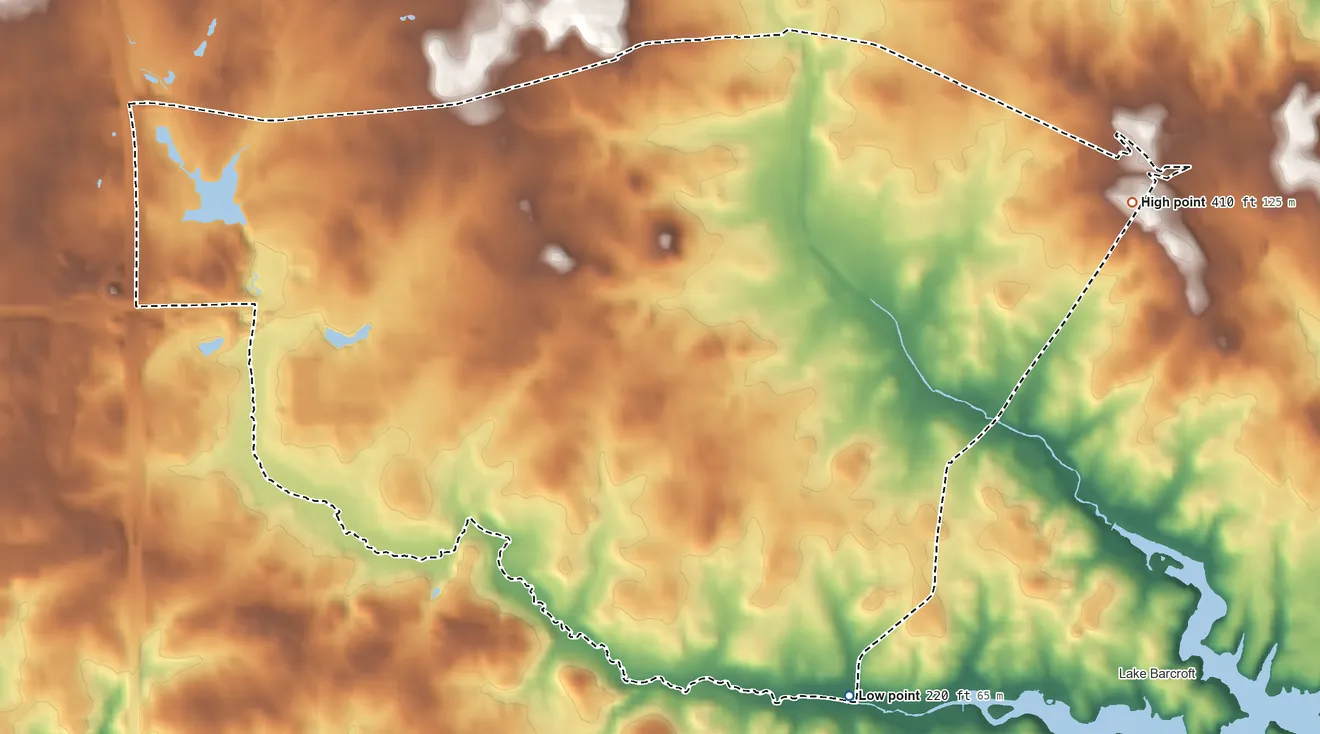 Topographic elevation map of West Falls Church, Virginia, shaded from 220 ft on the southeast side to 410 ft on the east side