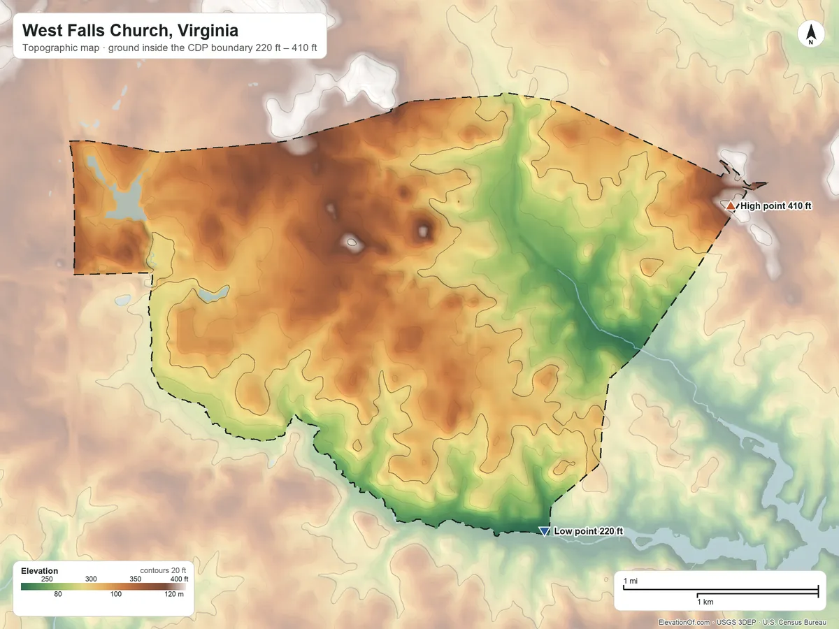 Topographic elevation map of West Falls Church, Virginia, shaded from 220 ft on the southeast side to 410 ft on the east side