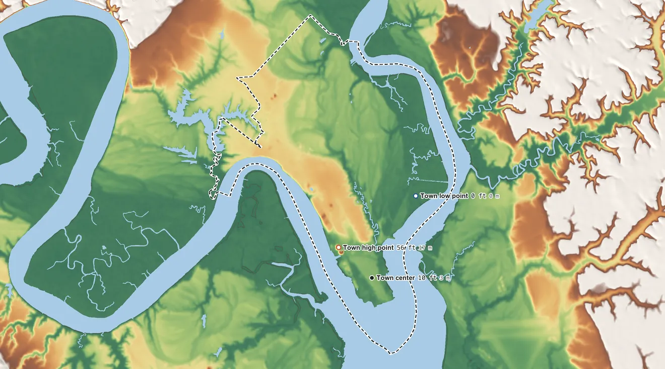 Topographic elevation map of West Point, Virginia, shaded from 0 ft on the northeast side to 56 ft on the northwest side