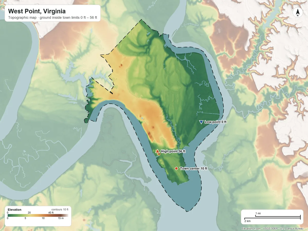 Topographic elevation map of West Point, Virginia, shaded from 0 ft on the northeast side to 56 ft on the northwest side
