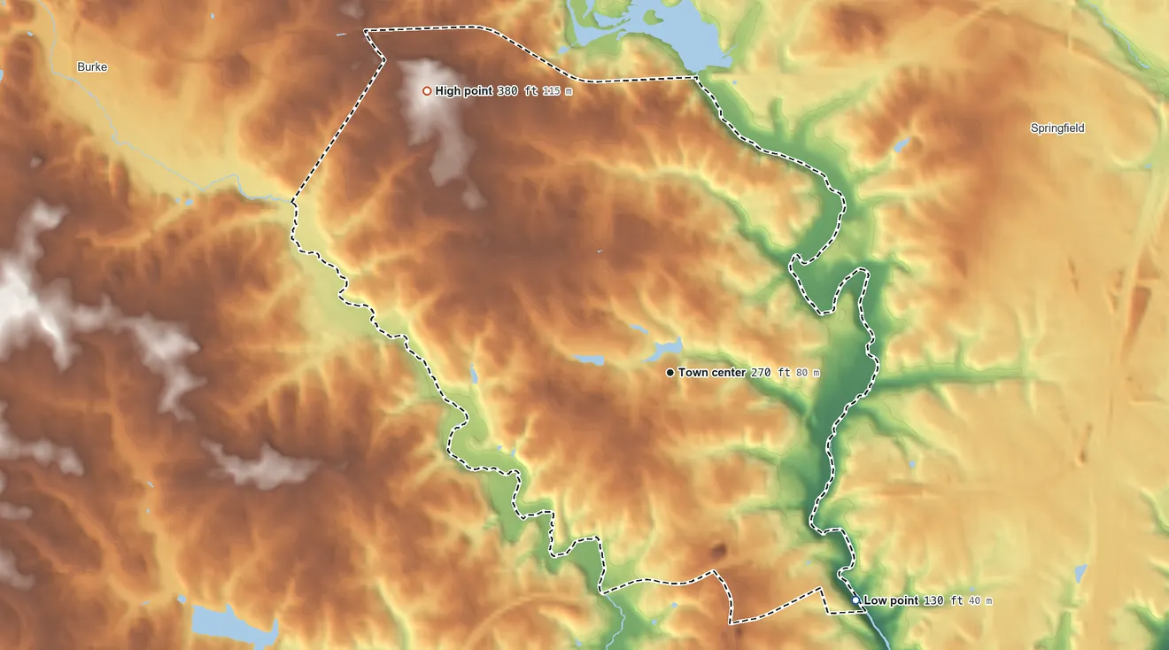Topographic elevation map of West Springfield, Virginia, shaded from 130 ft on the southeast side to 380 ft on the northwest side