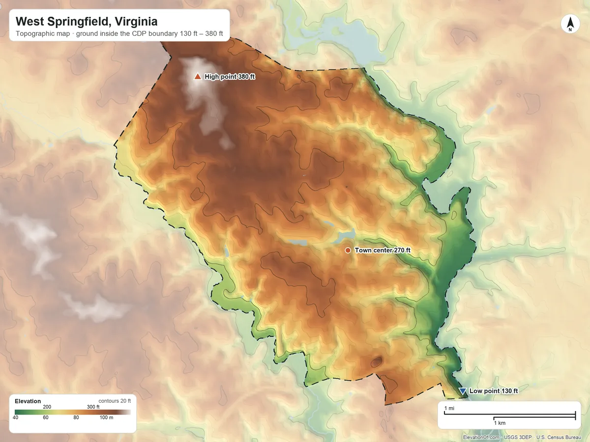 Topographic elevation map of West Springfield, Virginia, shaded from 130 ft on the southeast side to 380 ft on the northwest side