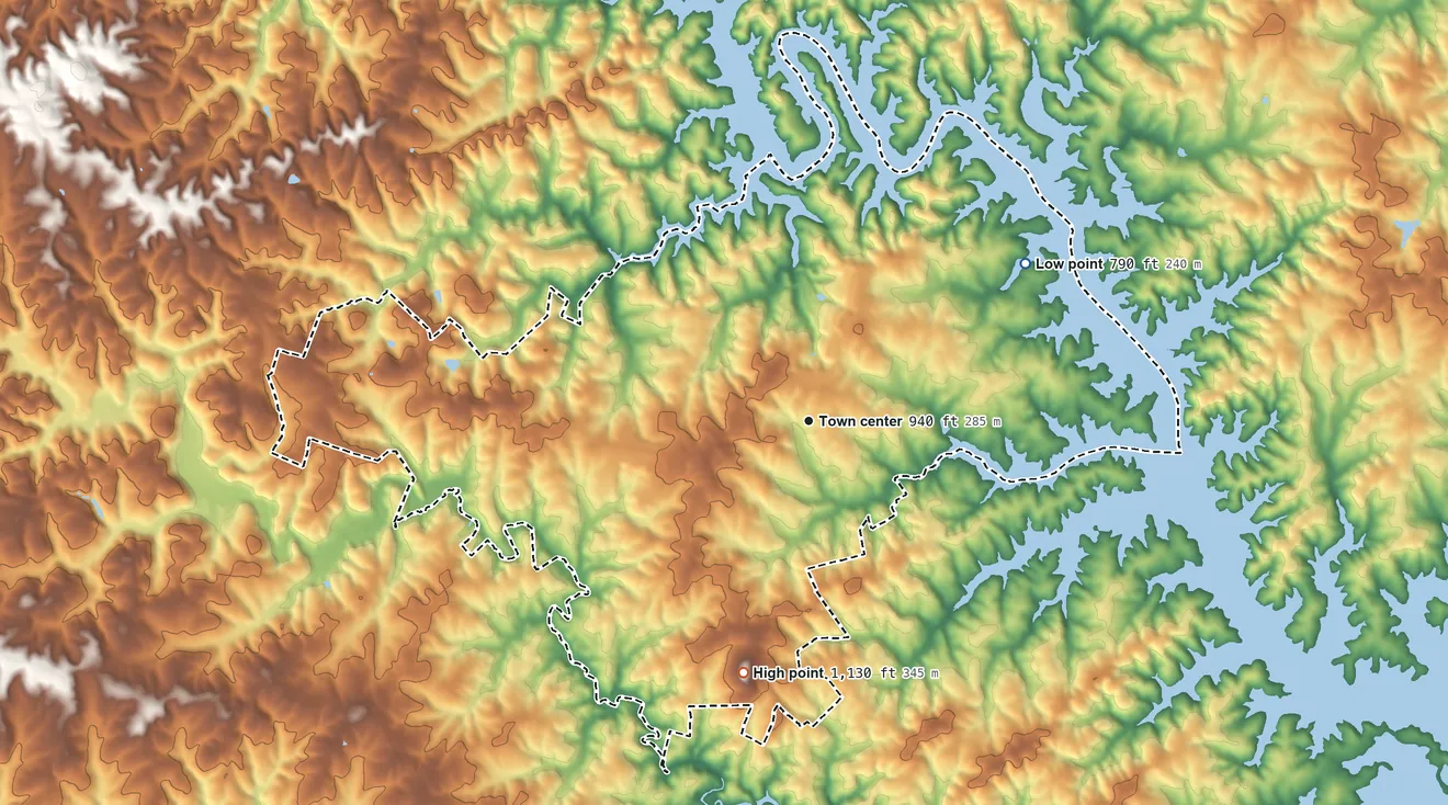 Topographic elevation map of Westlake Corner, Virginia, shaded from 790 ft on the northeast side to 1,130 ft on the south side