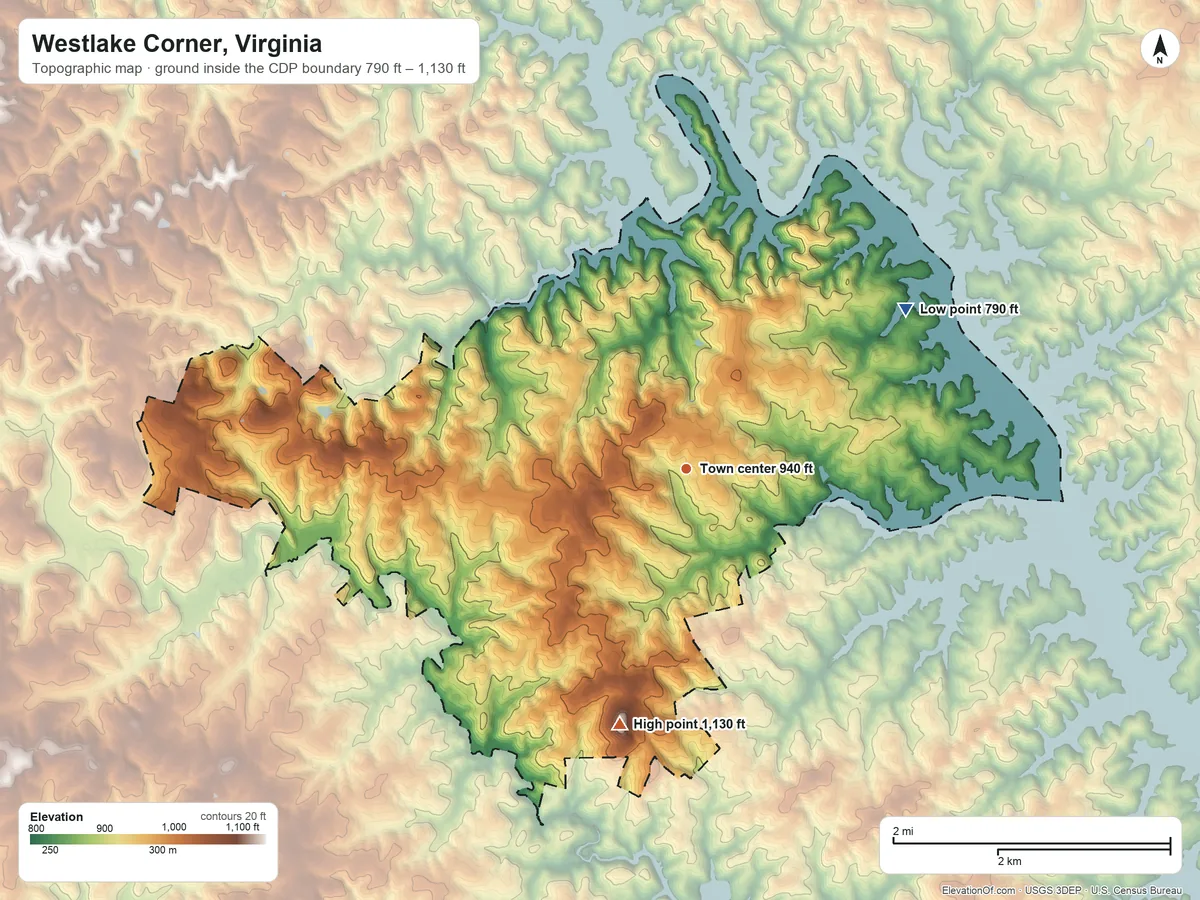 Topographic elevation map of Westlake Corner, Virginia, shaded from 790 ft on the northeast side to 1,130 ft on the south side