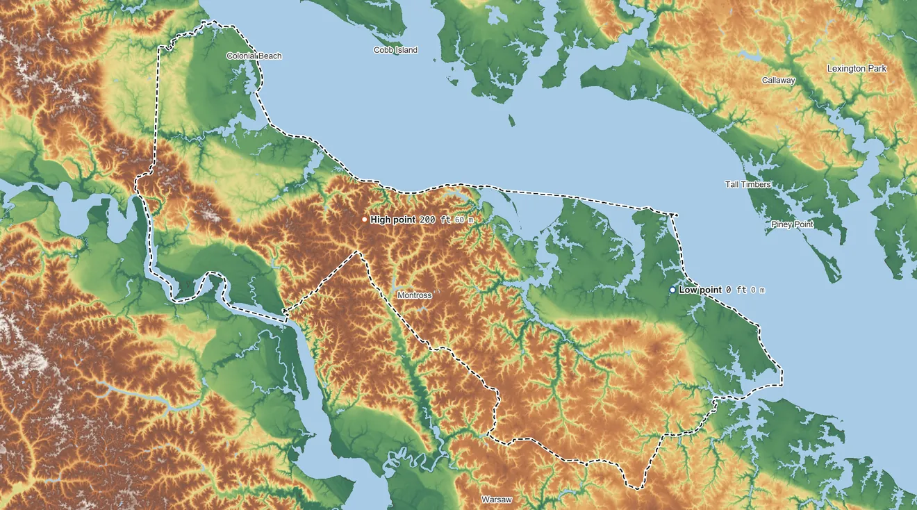 Topographic elevation map of Westmoreland County, Virginia, shaded from 0 ft on the east side to 200 ft on the west side