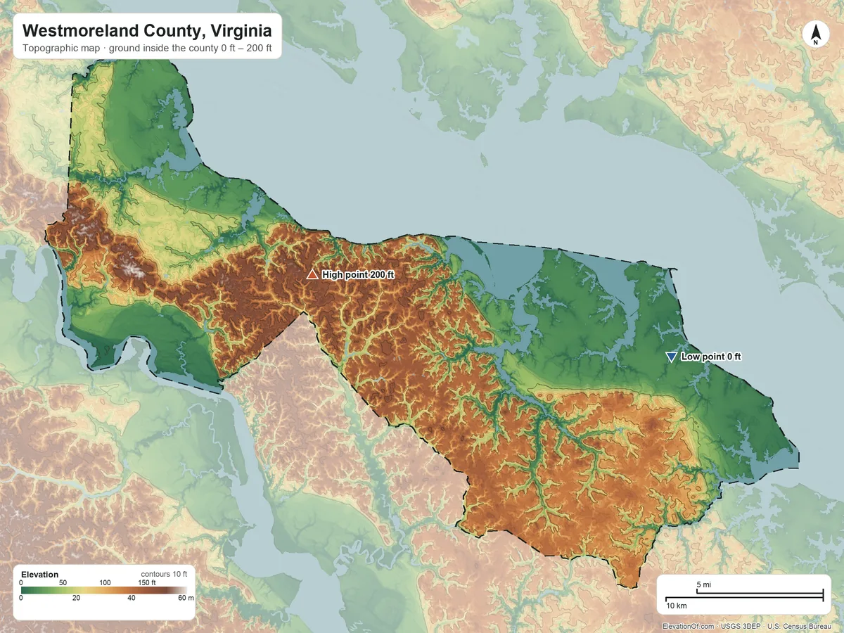 Topographic elevation map of Westmoreland County, Virginia, shaded from 0 ft on the east side to 200 ft on the west side