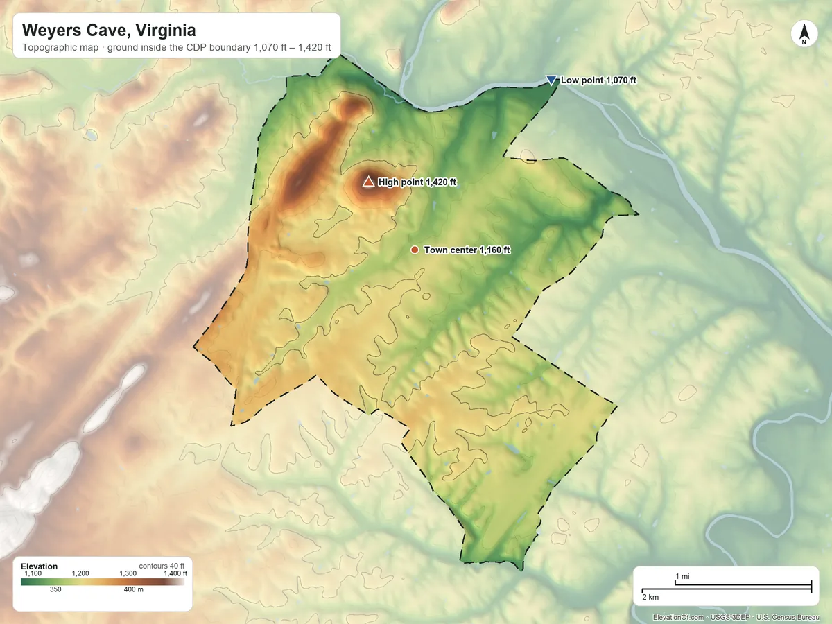 Topographic elevation map of Weyers Cave, Virginia, shaded from 1,070 ft on the northeast side to 1,420 ft on the northwest side
