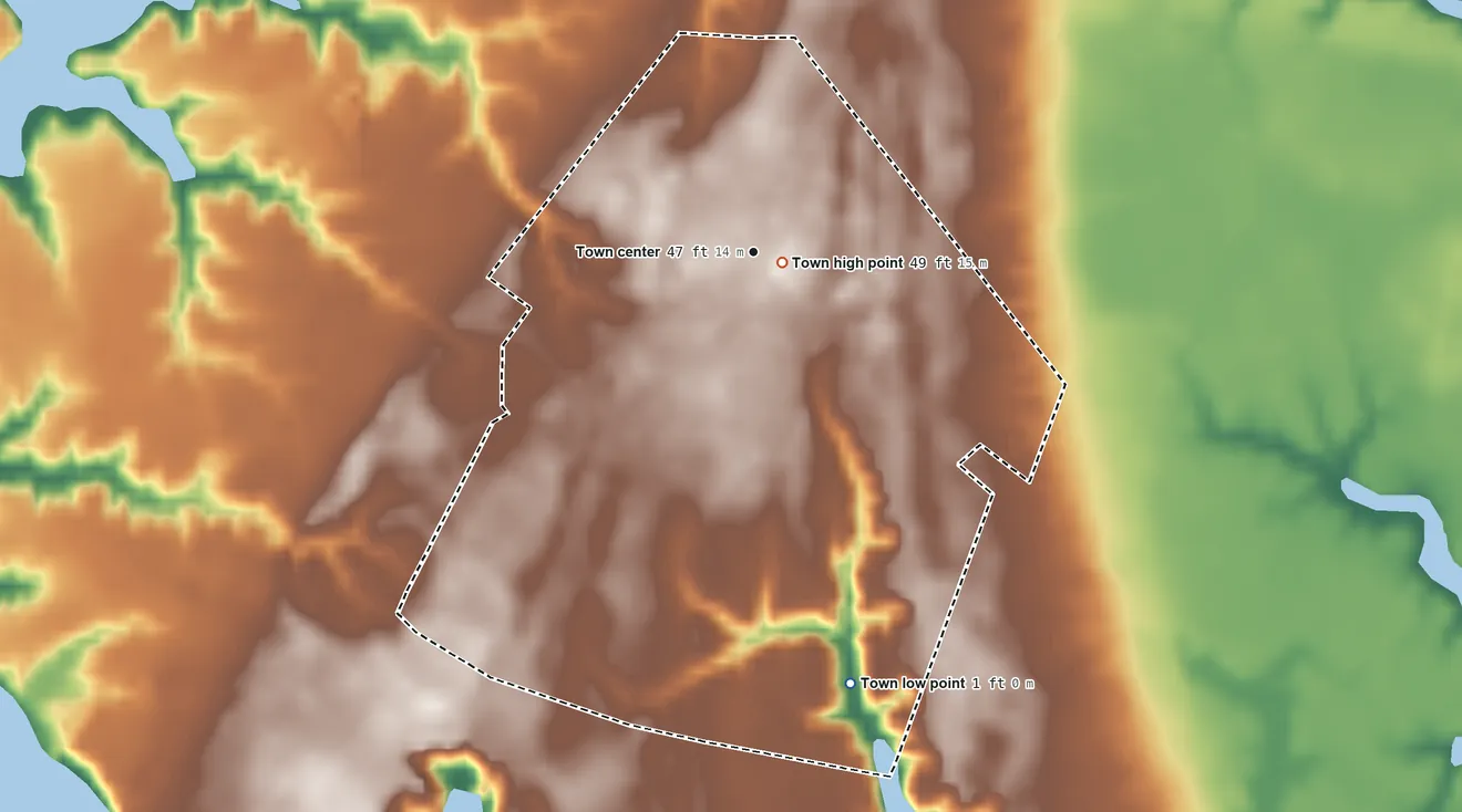 Topographic elevation map of White Stone, Virginia, shaded from 1 ft on the south side to 49 ft near the middle