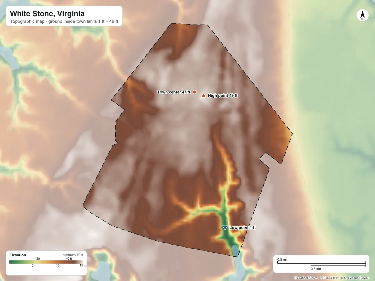 Topographic elevation map of White Stone, Virginia, shaded from 1 ft on the south side to 49 ft near the middle