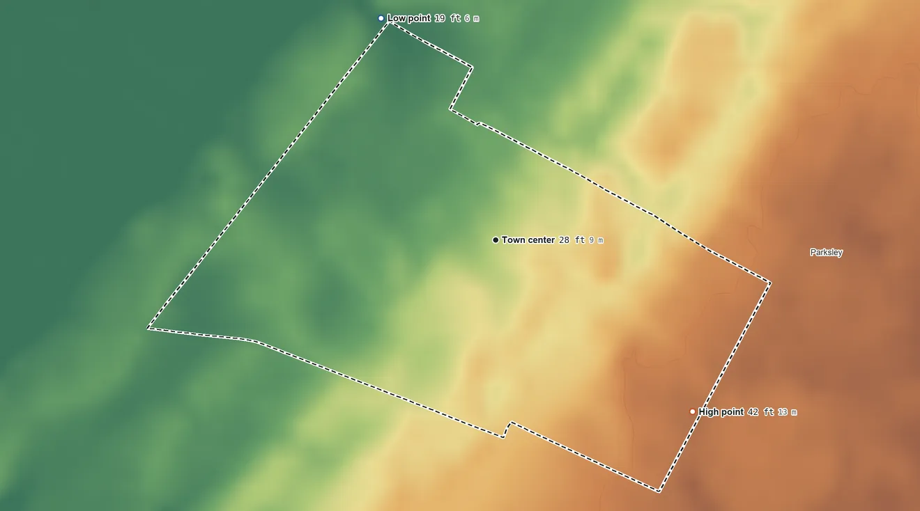 Topographic elevation map of Whitesville, Virginia, shaded from 19 ft on the northwest side to 42 ft on the southeast side