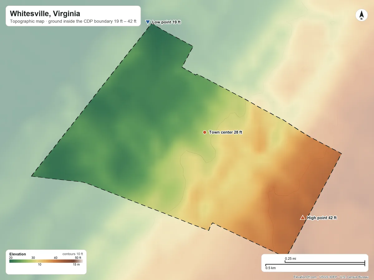 Topographic elevation map of Whitesville, Virginia, shaded from 19 ft on the northwest side to 42 ft on the southeast side
