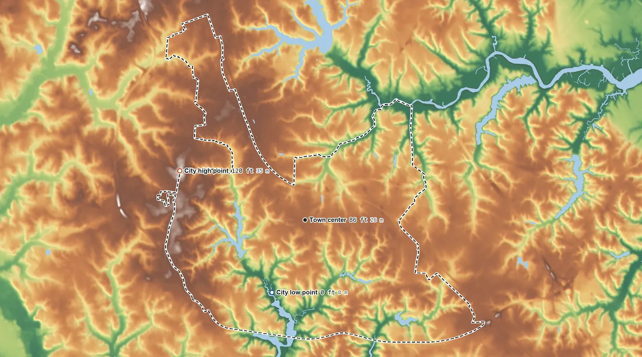 Topographic elevation map of Williamsburg, Virginia, shaded from 0 ft on the southwest side to 120 ft on the west side
