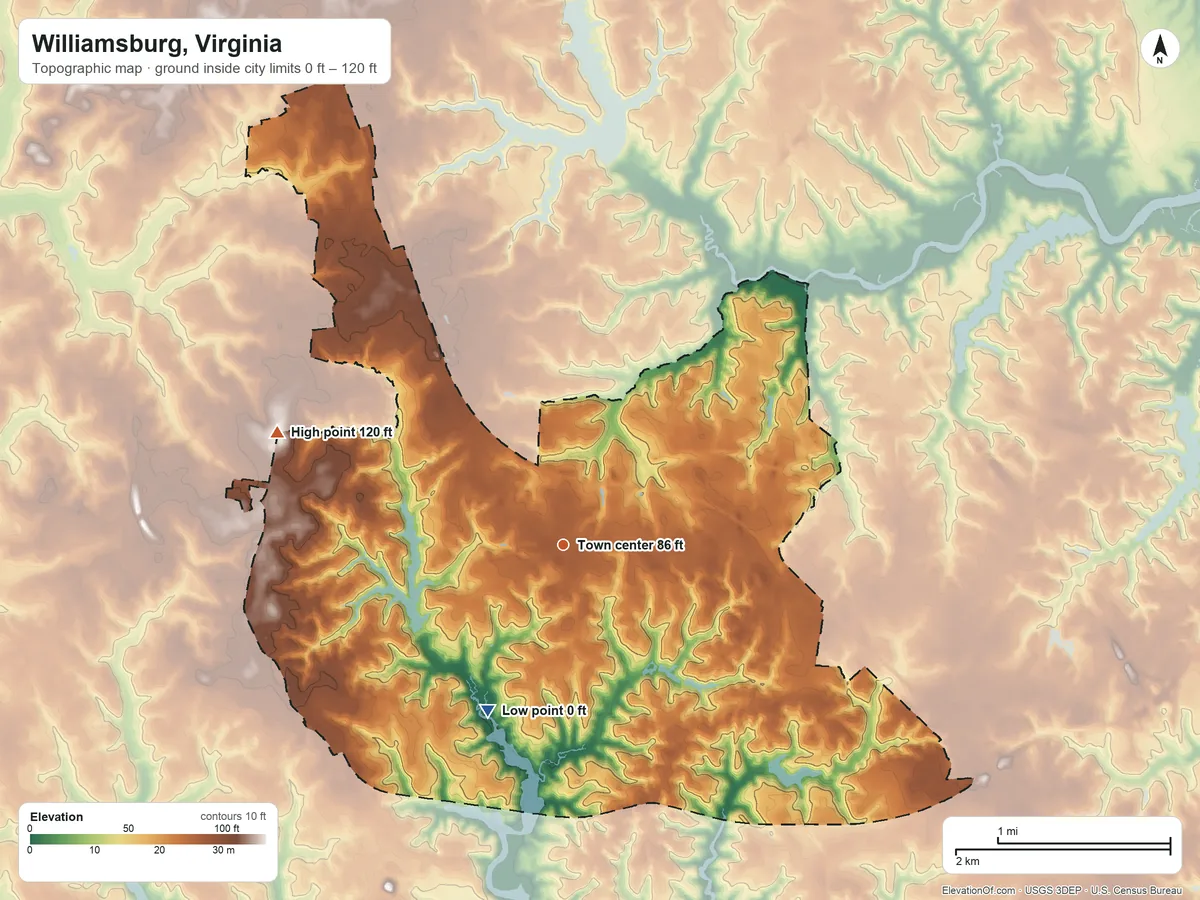 Topographic elevation map of Williamsburg, Virginia, shaded from 0 ft on the southwest side to 120 ft on the west side