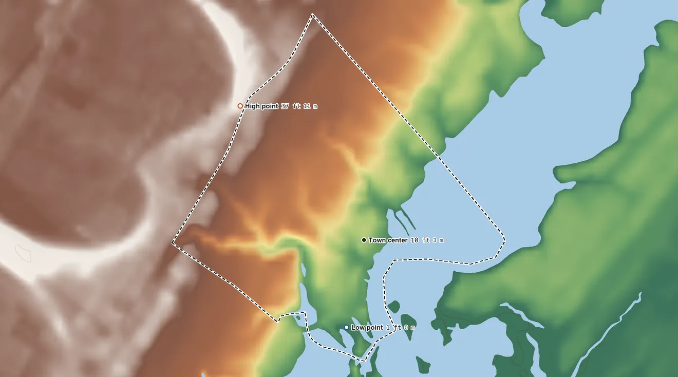 Topographic elevation map of Willis Wharf, Virginia, shaded from 1 ft on the south side to 37 ft on the northwest side