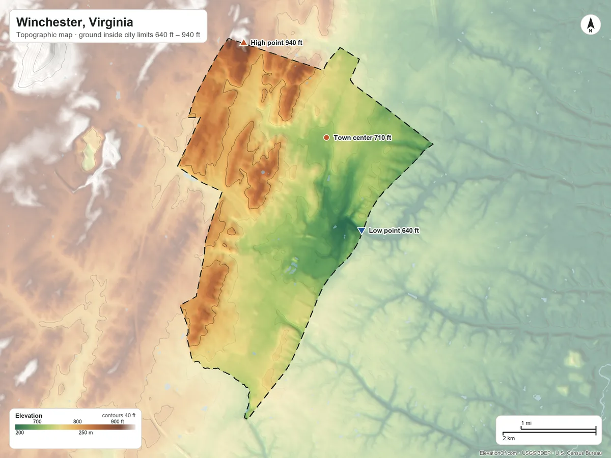 Topographic elevation map of Winchester, Virginia, shaded from 640 ft on the south side to 940 ft on the northwest side