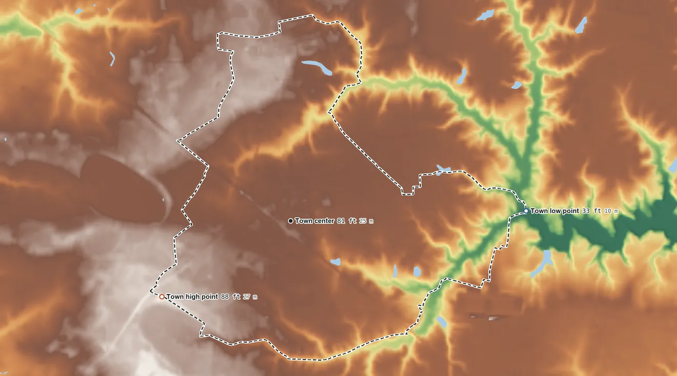Topographic elevation map of Windsor, Virginia, shaded from 33 ft on the east side to 88 ft on the southwest side
