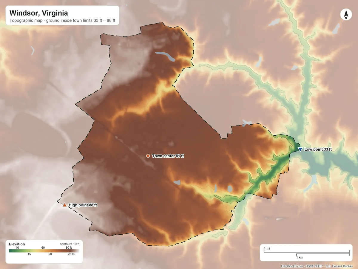 Topographic elevation map of Windsor, Virginia, shaded from 33 ft on the east side to 88 ft on the southwest side