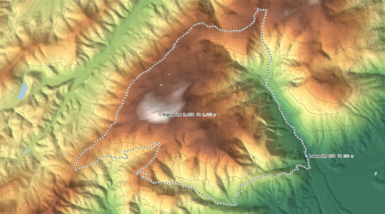 Topographic elevation map of Wintergreen, Virginia, shaded from 950 ft on the southeast side to 3,850 ft on Devils Knob