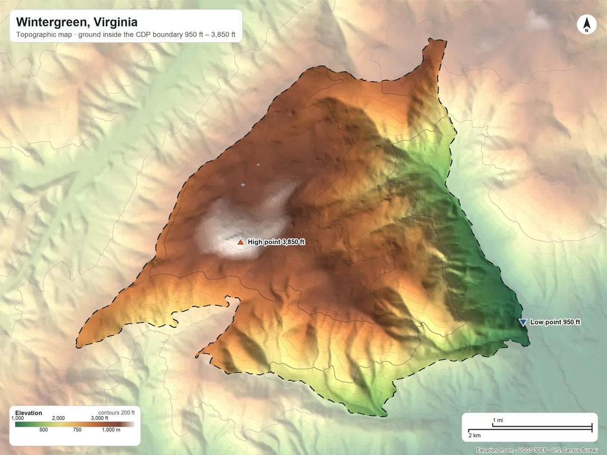 Topographic elevation map of Wintergreen, Virginia, shaded from 950 ft on the southeast side to 3,850 ft on Devils Knob