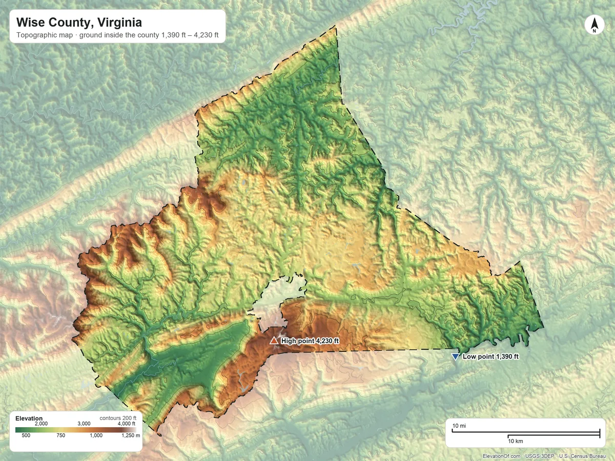 Topographic elevation map of Wise County, Virginia, shaded from 1,390 ft on the southeast side to 4,230 ft on High Knob