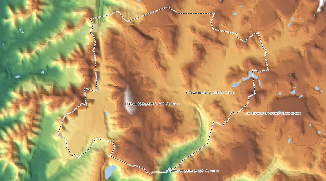 Topographic elevation map of Wise, Virginia, shaded from 2,150 ft on the south side to 2,710 ft on the west side