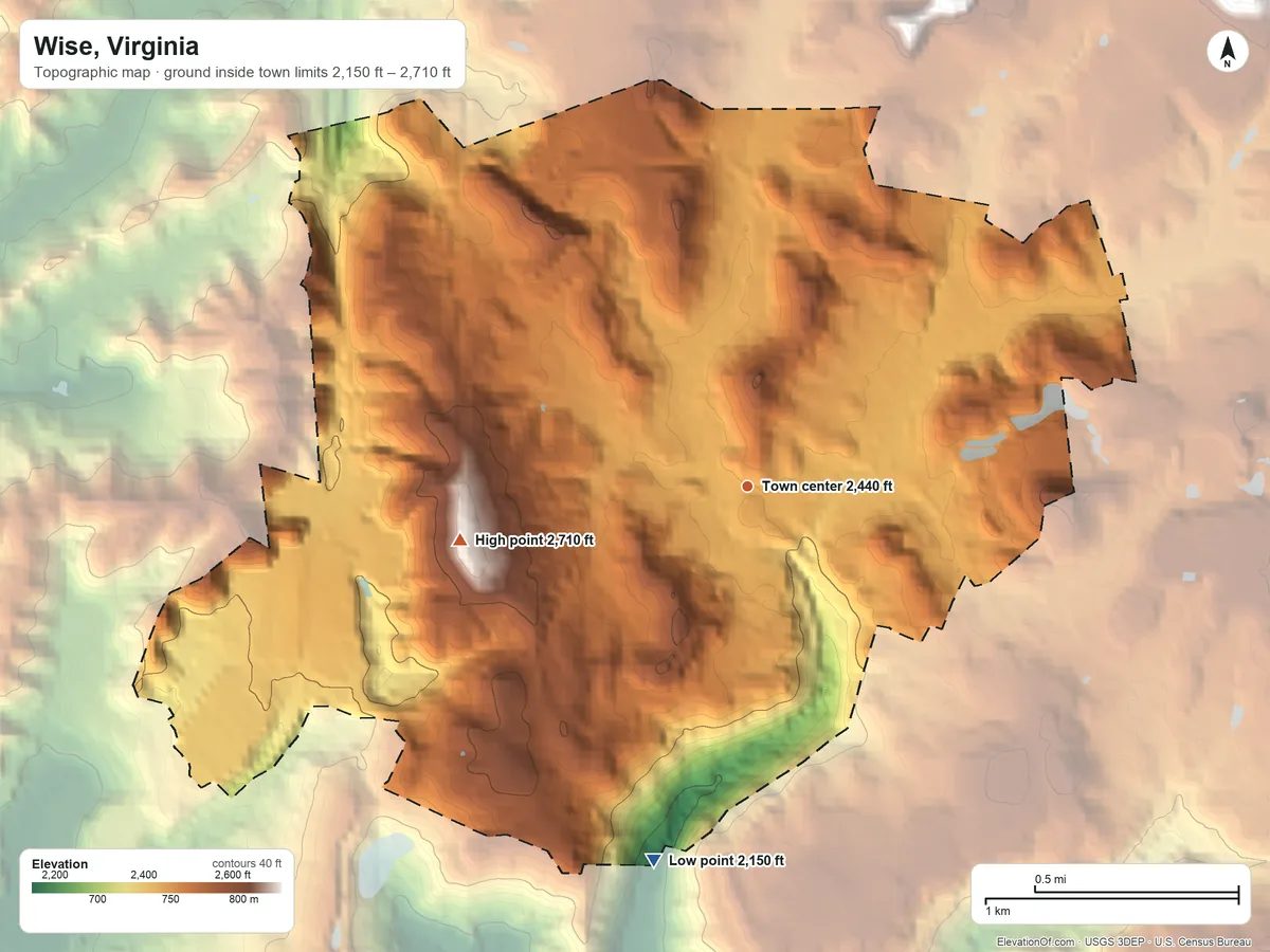 Topographic elevation map of Wise, Virginia, shaded from 2,150 ft on the south side to 2,710 ft on the west side