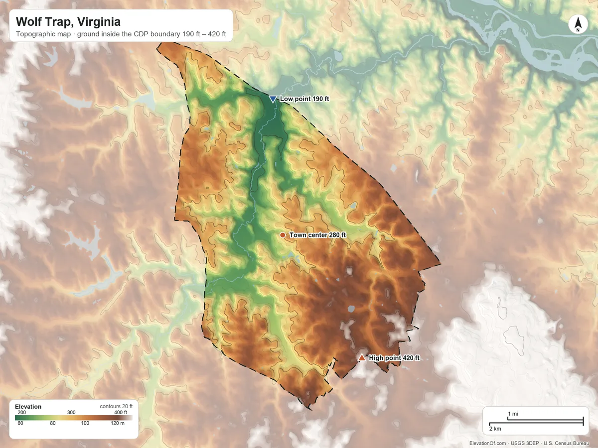 Topographic elevation map of Wolf Trap, Virginia, shaded from 190 ft on the north side to 420 ft on the southeast side